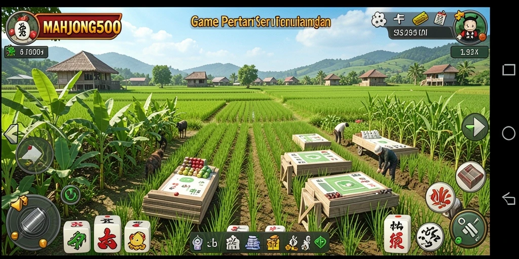 Screenshot permainan <strong>MAHJONG500</strong> yang menunjukkan aktivitas bertani.