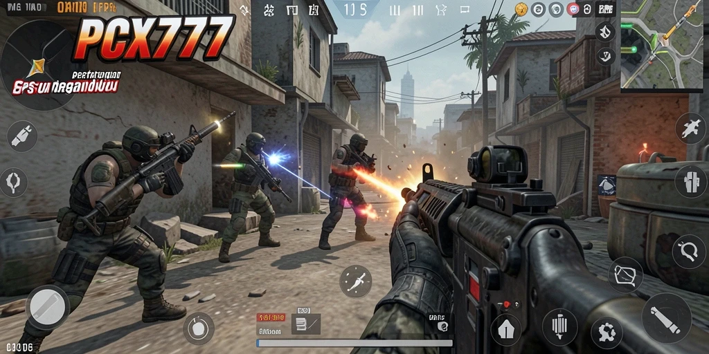 Tampilan gameplay menegangkan di PCX777 dengan aksi FPS intens.